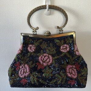 Heavily hand beaded blue with pink roses special occasion purse rare design